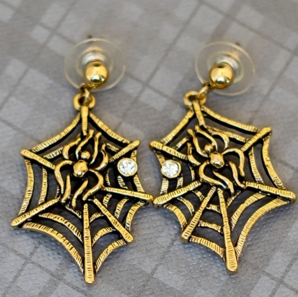 Vintage Jewelry - Vintage 90s Gold Spider Web Drop Earrings